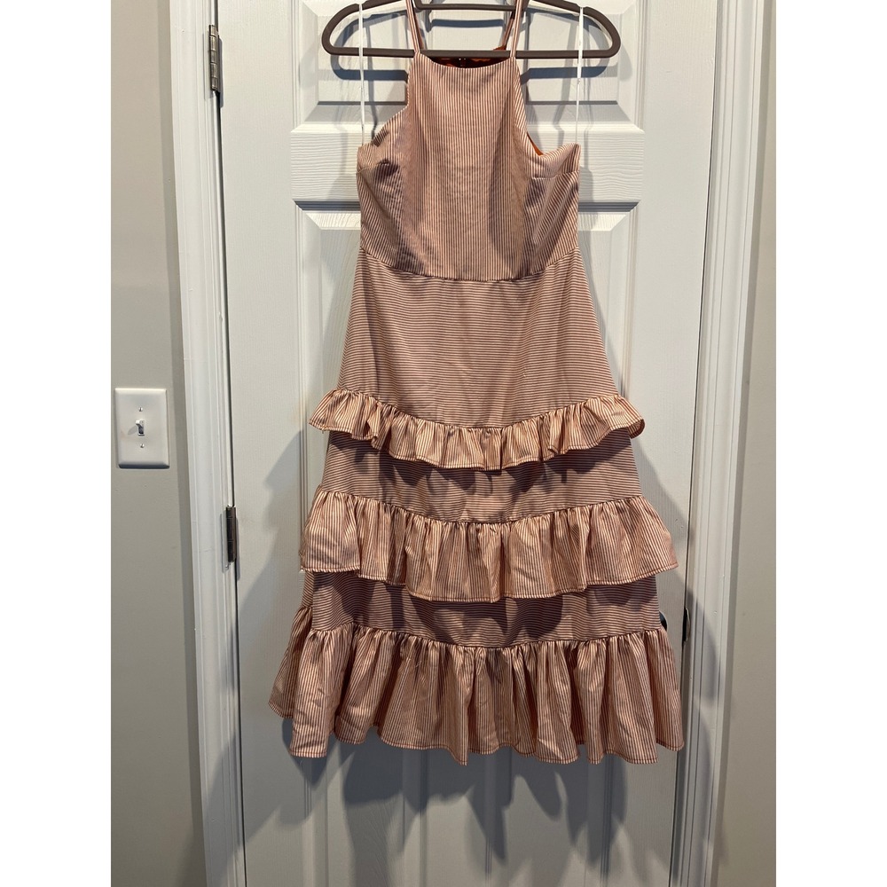 Lulus Rust White Striped Tiered Ruffle Halter Midi Dress Size Medium Sleeveless